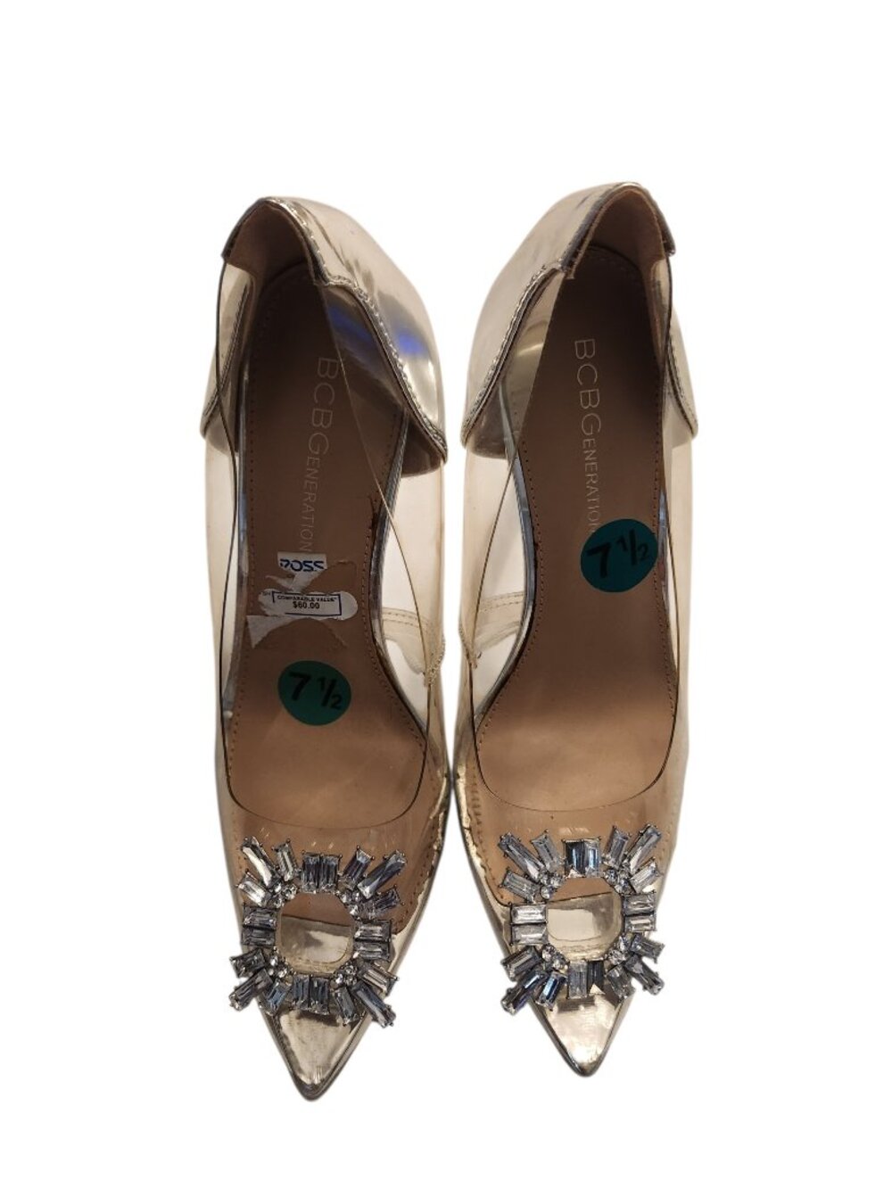 BCBG Metallic Gold Pointed-Toe Heels with Crystal Embellishment